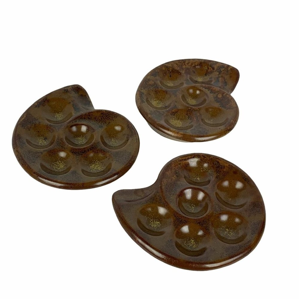 Set of 3 Enesco Pottery Escargot Snail Plates 6 Wells Each Brown Speckled Unused